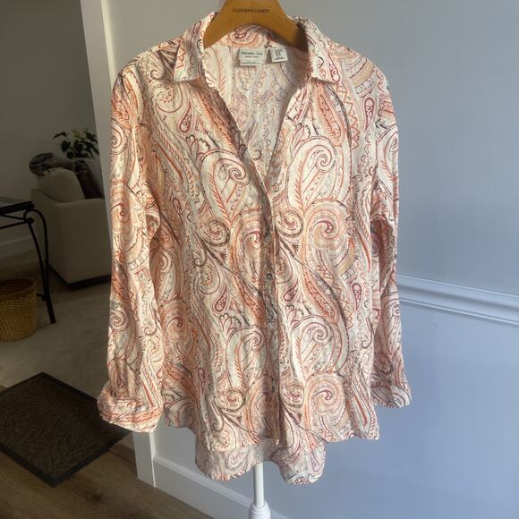 Rachel Zoe Tops - Rachel Zoe Linen Orange Paisley Blouse Tunic Size M V Neck European Flax Button